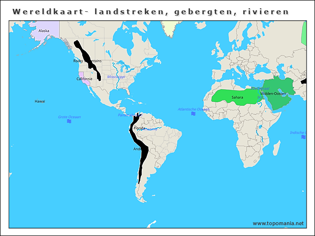 Topografie Wereldkaart Landstreken Gebergten Rivieren