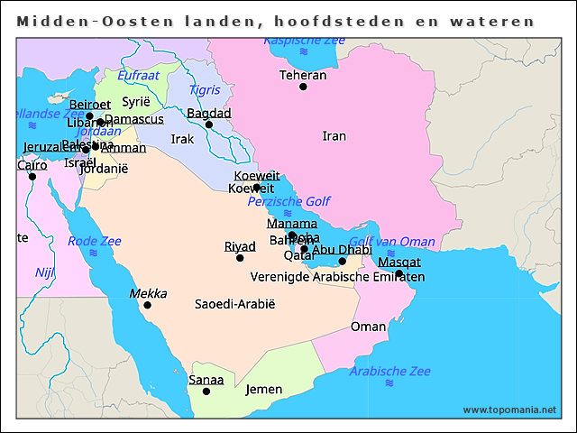 midden-oosten-landen-hoofdsteden-en-wateren